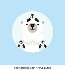 Baby penguin and big polar bear in the winter.