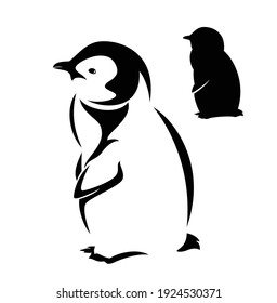 baby penguin black and white vector outline and silhouette - standing little bird design set