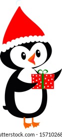 Baby penguin in Christmas Santa hat giving Xmas celebration gift. Cute festive polar animal on clear background.