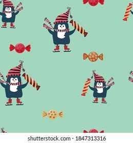 Baby penguin with had and scarf on a skate with colorful candy. Red yellow orange candy on a mint green background. Vector seamless pattern.