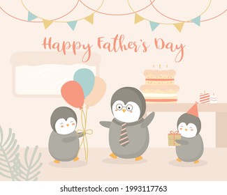 Baby Penguin hosts a Father's Day party at home for Father Penguin. There is also a big cake for Father. The baby bird decorates the house with colorful flags and balloons. Vector flat illustration