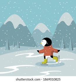 Baby penguin ice skating on frozen surface wearing warm sweater. Vector illustration in cartoon flat style. Cute animal character against mountains. World snow day.