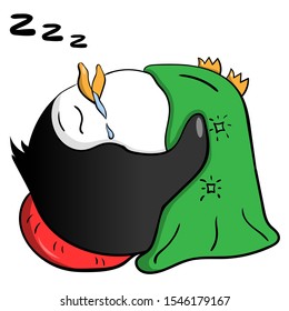 Baby penguin illustration. Vector image of a cute penguin. Illustration of a sleeping penguin in bed