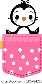  A baby penguin looks out of a pink pocket with polka dots with lace. Vector illustration in cartoon children s style. Isolated funny clipart on a white background. Cute print.