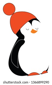 Baby penguin in red hat vector or color illustration