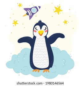 a baby penguin sits on a cloud. rocket, stars. Cute children's poster. Vector hand drawn illustration. nursery poster.