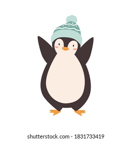 Baby penguin standing in woolen colorful bobble hat vector flat illustration. Cute polar bird wearing childish ornamented headdress with pompom isolated. Happy arctic character in winter accessory