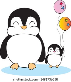 baby penguin walks beside her mom