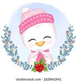Baby penguin with wreath Christmas illustration.