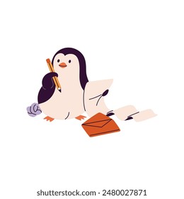 Baby penguin writes Christmas letter to Santa Claus. Cute north animal holds list of Xmas wishes. Winter holidays, New Year paper for gifts. Flat isolated vector illustration on white background