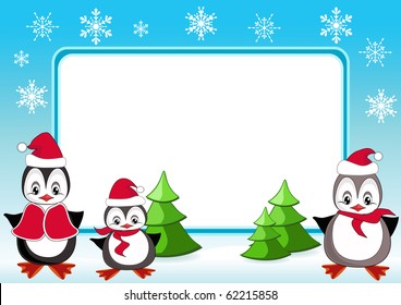 Baby penguins. Christmas frame. Vector illustration.
