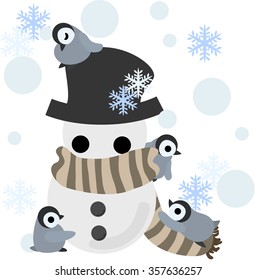 Baby penguins are making the big snowman winding um a muffler and covered a hat. 
