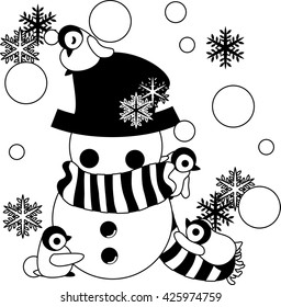 Baby penguins are making the big snowman winding um a muffler and covered a hat.
