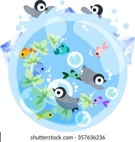 The baby penguins are playing in the water in the sea which colorful fishes swim.