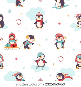 Baby penguins seamless pattern. Christmas penguin, xmas arctic animals cute fabric print design. Kids holidays gift wrapping nowaday vector texture