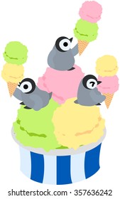 Baby penguins which eat ice creams of the melon taste, vanilla taste, strawberry taste.