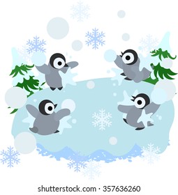 The baby penguins which are idle by a snowball fight happily together.