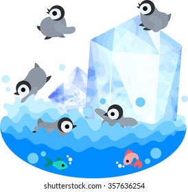 Baby penguins which swim in the sea where a lump of the ice floats