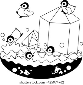 Baby penguins which swim in the sea where a lump of the ice floats