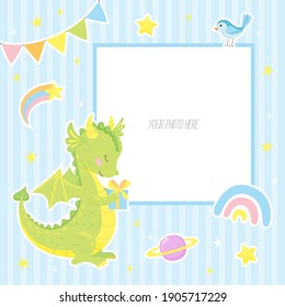 Baby photo frame with cute dragon, bird, planet, rainbow and other elements. Can be used for birthday card, baby shower invitation, postcard, scrapbook. Vector illustration