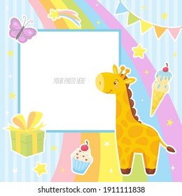 Baby photo frame with cute giraffe, butterfly, gift, rainbow and other elements. Can be used for birthday card, baby shower invitation, postcard, scrapbook. Vector illustration