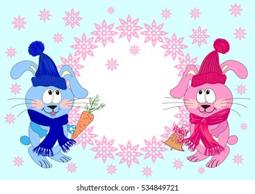 Baby photo frame with hares and rabbits in winter clothes under snow.