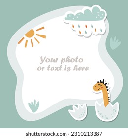 Baby photo frame, invitation template with dinosaur