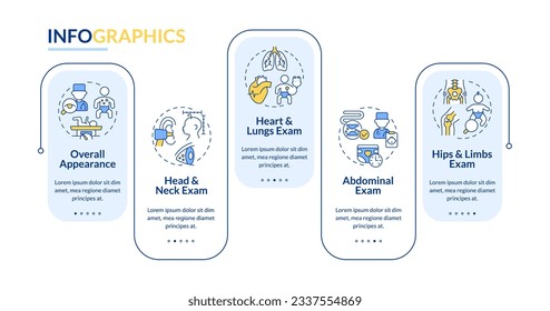 Baby physical exam rectangle infographic template. Newborn healthcare. Data visualization with 5 steps. Editable timeline info chart. Workflow layout with line icons. Lato Bold, Regular fonts used