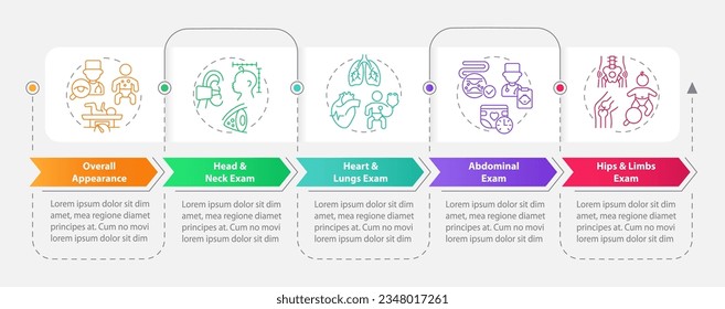 Baby physical exam rectangle infographic template. Child health. Data visualization with 5 steps. Editable timeline info chart. Workflow layout with line icons. Myriad Pro-Bold, Regular fonts used