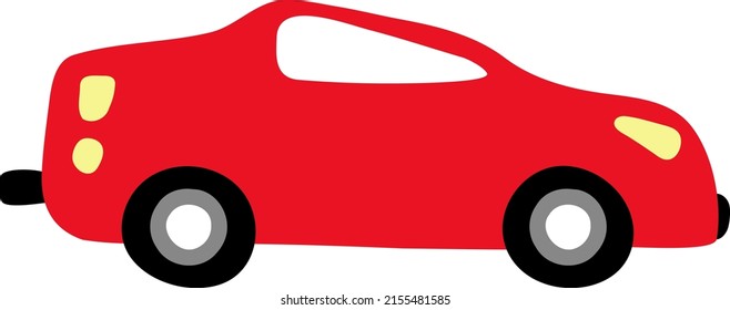Baby picture of hand drawn red car for icon, cartoon cityscape. Childish doodle transport illustration. Side view beautiful sport automobile. Clip art scarlet color vehicle for cute baby boy design.