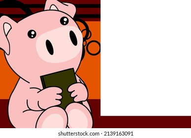 baby pig character kawaii cartoon sitting holding a book picture frame background in vector format 
