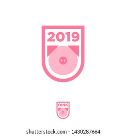 Baby Pig Logo. Simple Piggy Emblem. Flat Geometric Icon. The Year of Pig 2019.
