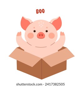 baby pig sitting in a box. cute pig in a box