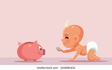 Baby with Piggy Bank Saving Money Vector Cartoon. Funny little child learning financial education concepts 
