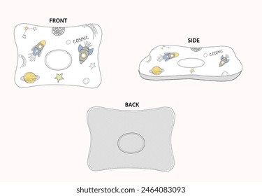 Baby pillow. Flat description of baby pillow. Pillow CAD. A lovely pillow for a baby. Pillows with cosmic motifs