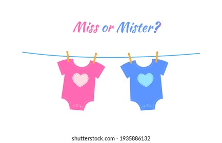 Baby pink and blue bodysuits with heart symbols hanging on the rope. Gender reveal party invitation card or banner. Boy or girl concept. Vector flat illustration.