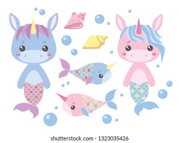 Baby pink and blue cartoon unicorn mermaids, swordfish, seashell and water bubbles vector illustration set