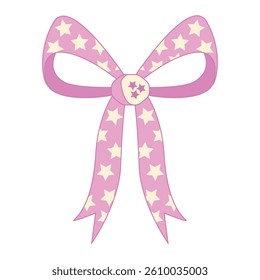 Baby pink cartoon bow decorated with white stars. Ribbon for girls party invitations, baby shower, festive decor, cards and gift tags.