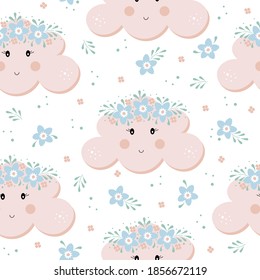 Baby pink cloud seamless pattern. Children vector illustration. Digital paper for kids. Floral theme. Baby shower decor.
