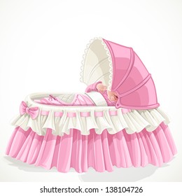 Baby in pink cradle isolated on white background