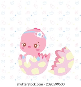 Baby pink dinosaur hatch from yellow dots and pink egg on cute background which is full of milk bottles,footprints and leaves.

