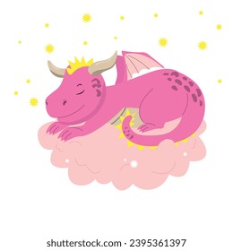 Baby pink dragon sleeping. Adorable animal illustration. Creative childish vector illustration