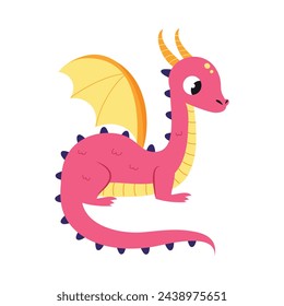 Baby Pink Dragon with Tail as Fairy Tale Character Vector Illustration