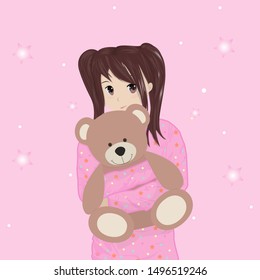 baby in pink pajamas hugs a bear favorite toy, anime, vector illustration