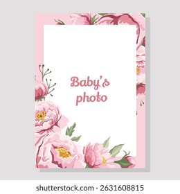 Baby pink photo frame decorated with beautiful peonies flowers and cute girl elements perfect for baby shower or birth announcement