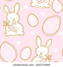 Baby pink seamless pattern with Easter bunny clipart arranged on a repeating background  with eggs and flowers to make spring holiday decoration or gift wrapping