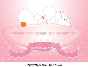 baby pink shower card with cute duck and bear