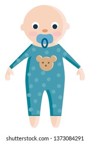 A baby with pink skin wearing a blue jumpsuit with a bear print and a blue pacifier in the mouth vector color drawing or illustration 