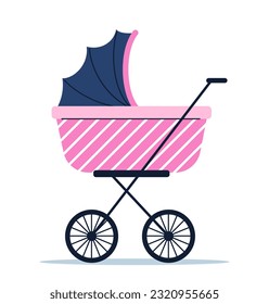 Baby pink stroller concept. Equipment for walking with babies and toddlers. Parenthood and childhood. Poster or banner. Cartoon flat vector illustration isolated on white background