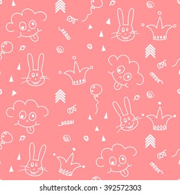 Baby pink and white doodle pattern seamless design. Nursery child drawing background for kid bed linen and apparel. Smileys and bunny.